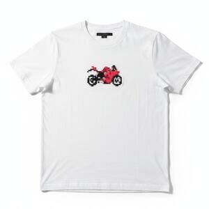 French Connection Pixel Art Motorcycle Men's Medium White T-Shirt Video Games